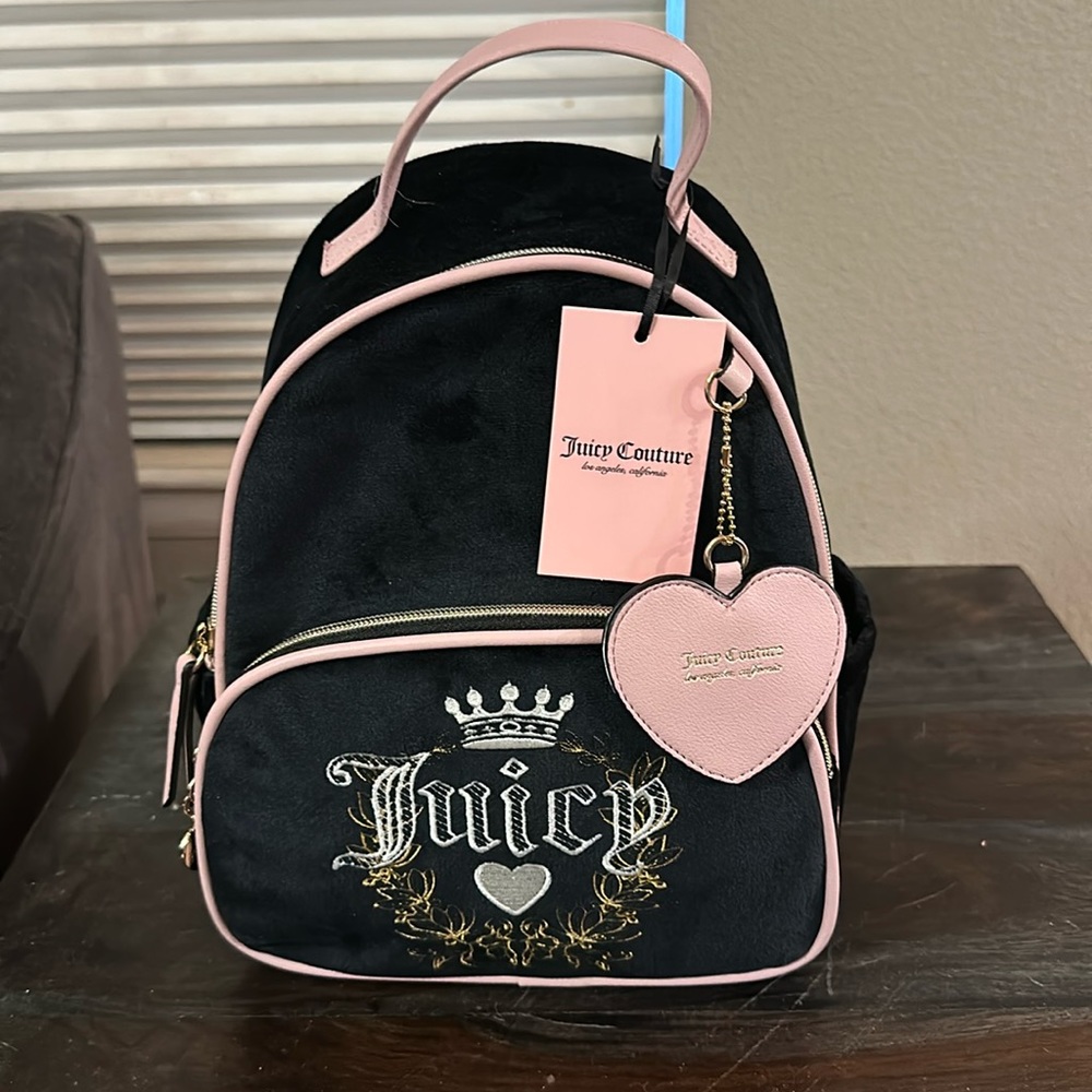 Juicy Couture Black/Pink Licorice Heritage Velour Velvet Backpack NWT